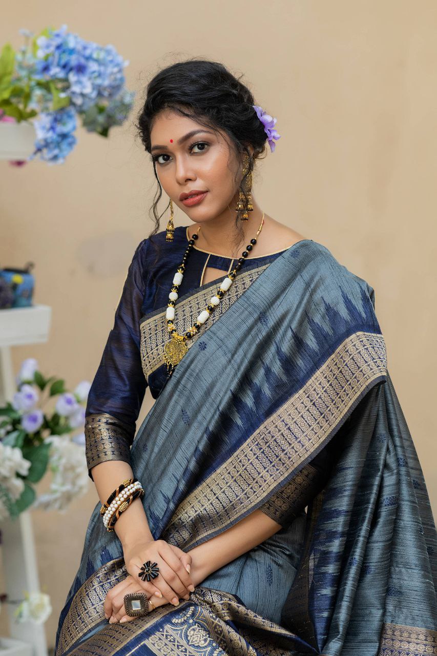 Gray Wedding Wear Tussur Silk Weaving Saree