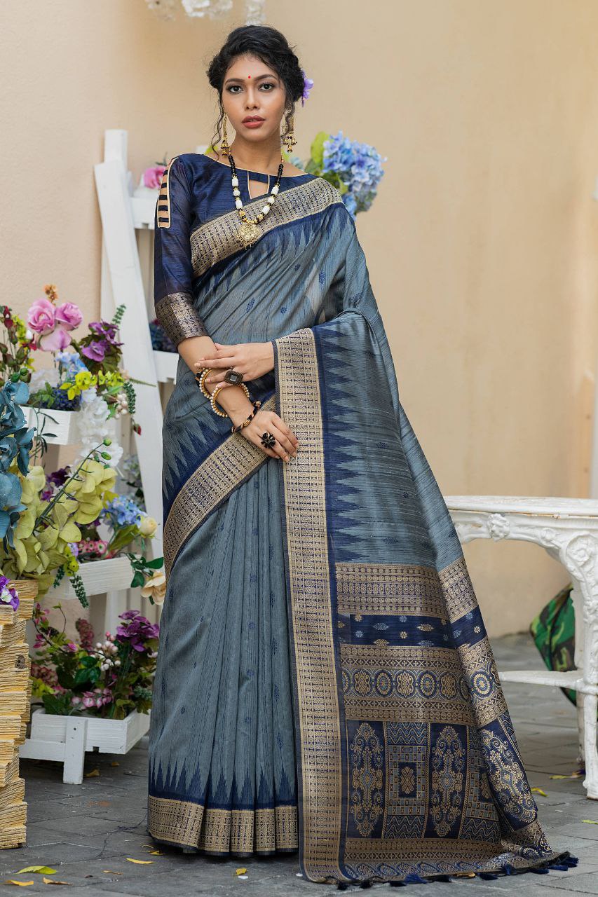 Gray Wedding Wear Tussur Silk Weaving Saree