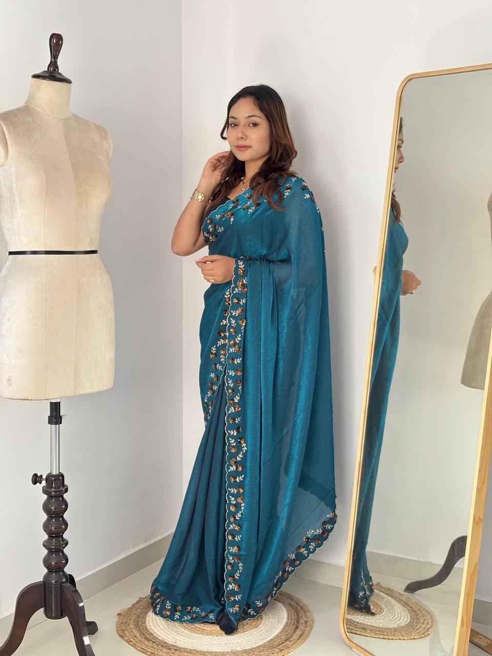Whale Blue Designer Fandy Chiffon Silk Saree