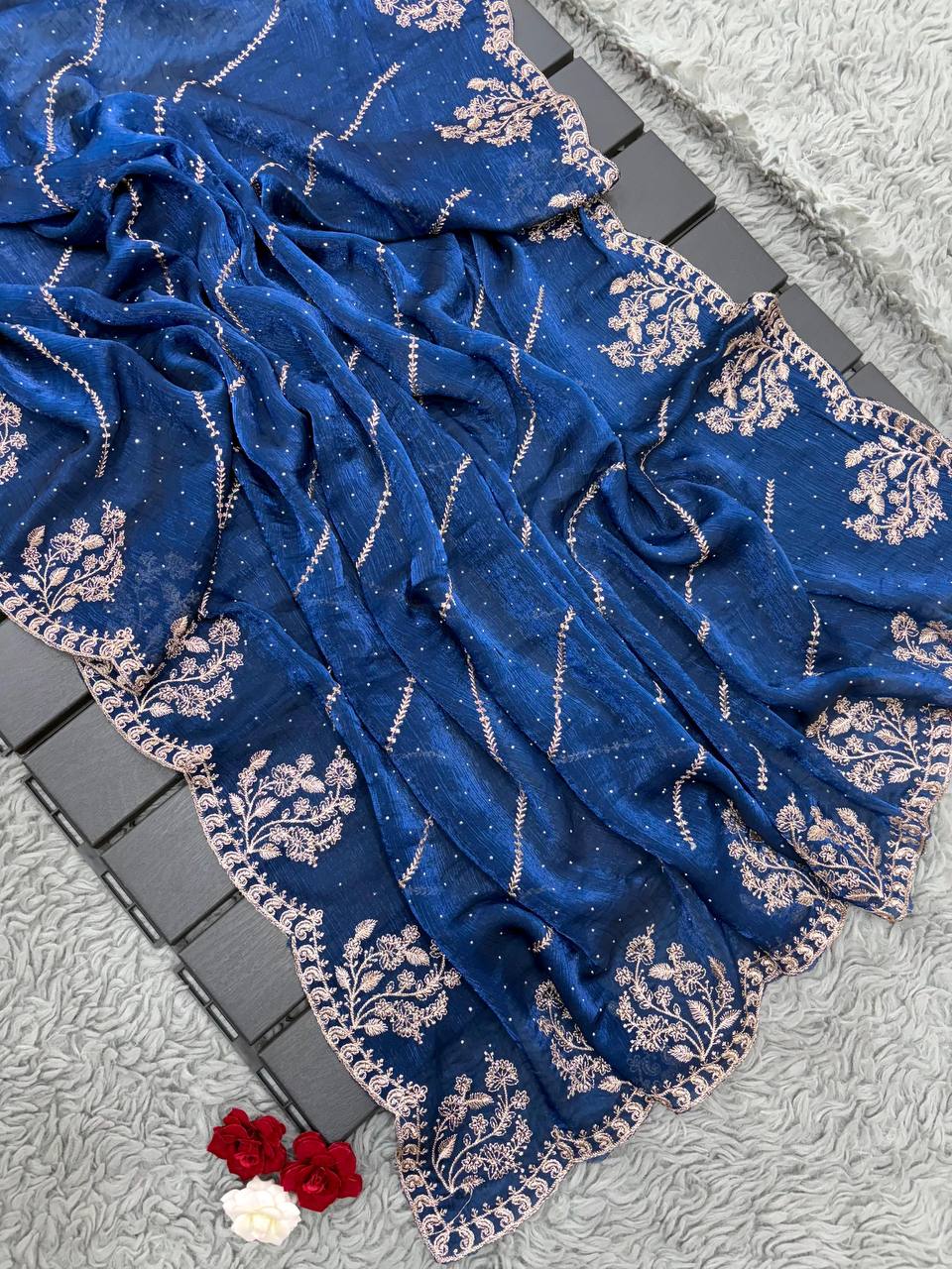 Whale Blue Designer Fandy Chiffon Silk Saree