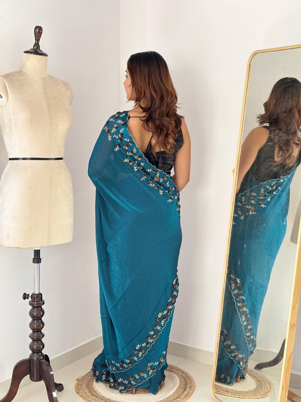 Whale Blue Designer Fandy Chiffon Silk Saree