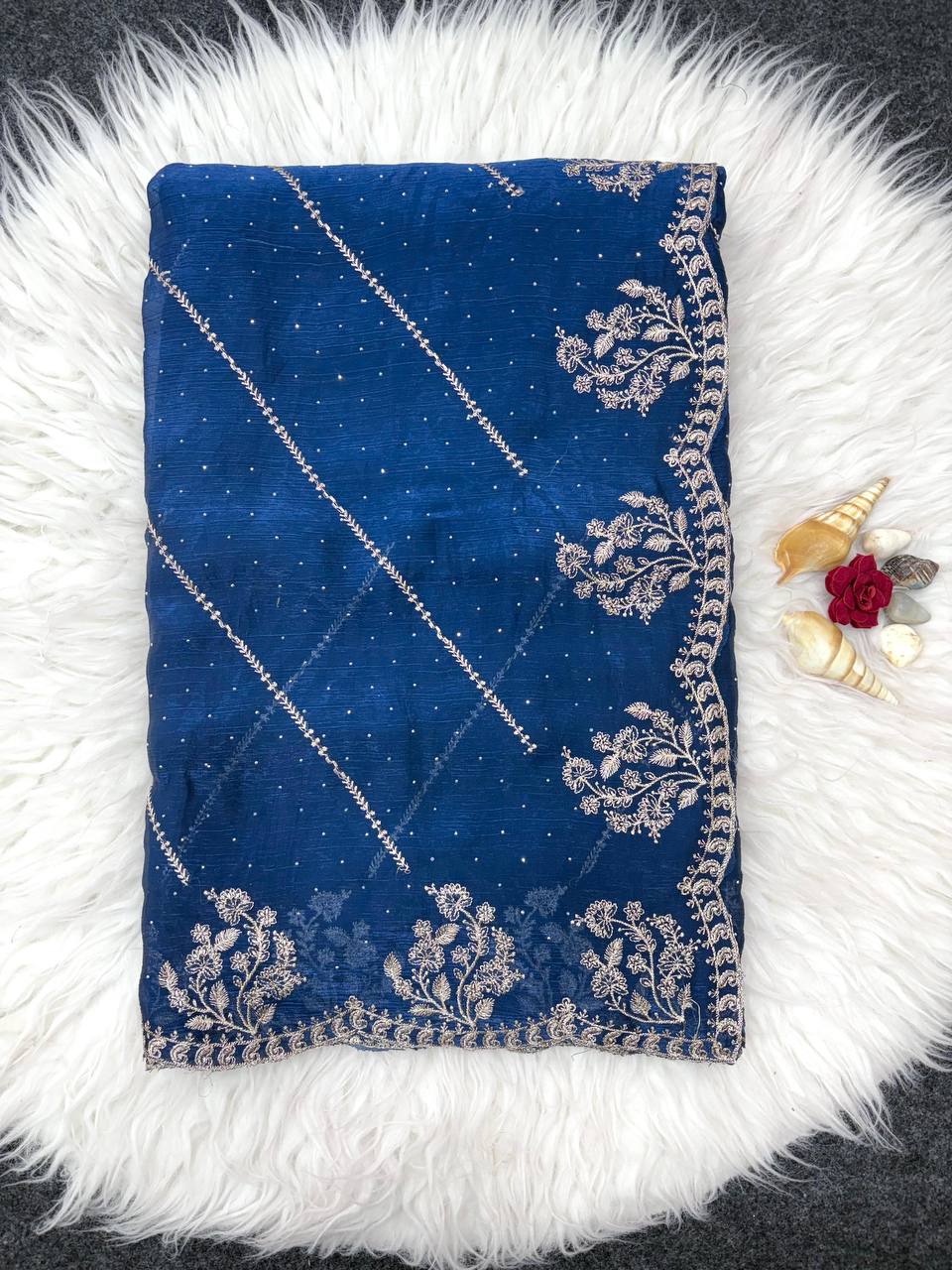 Whale Blue Designer Fandy Chiffon Silk Saree