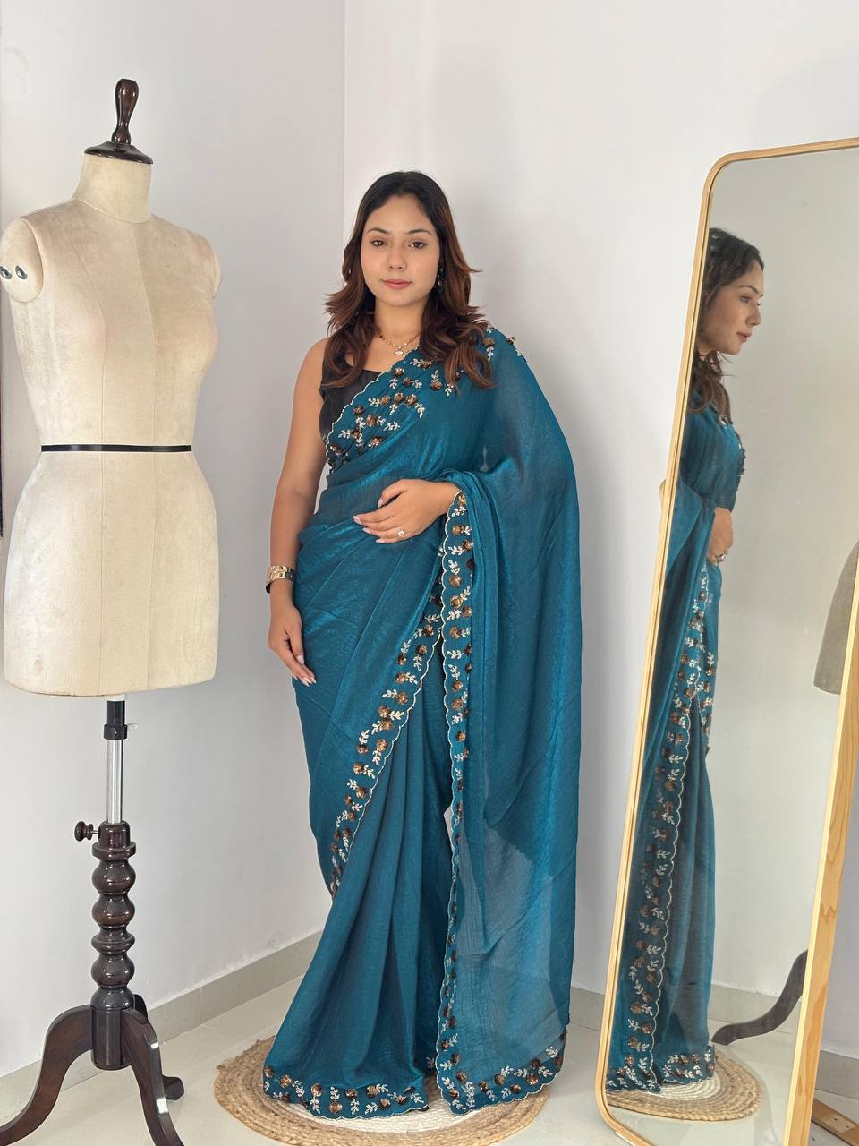 Whale Blue Designer Fandy Chiffon Silk Saree