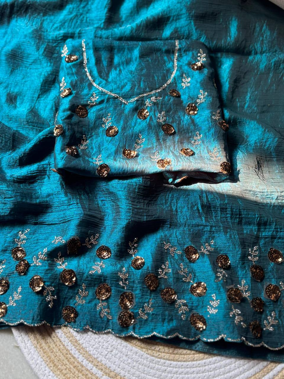 Whale Blue Designer Fandy Chiffon Silk Saree