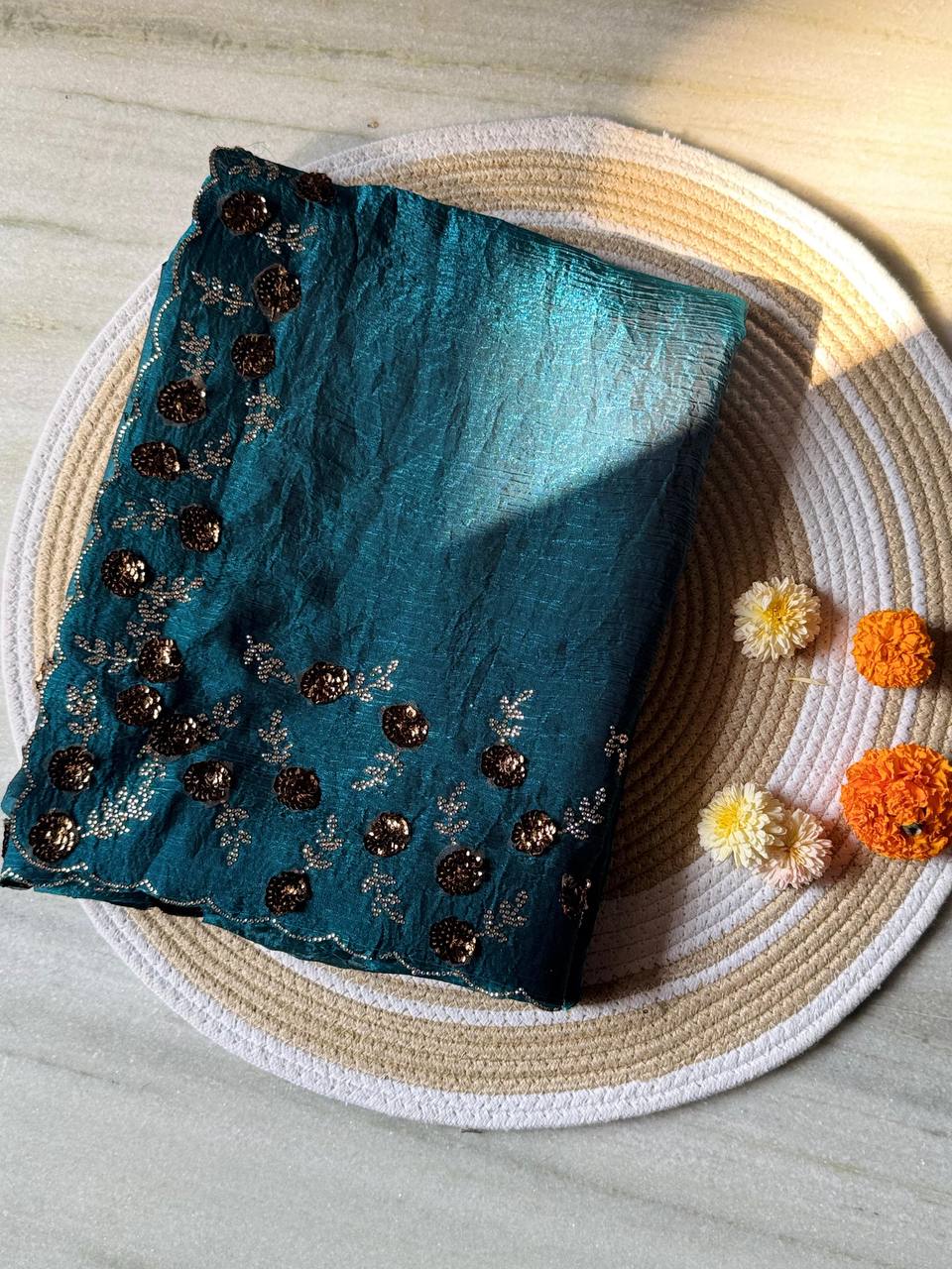 Whale Blue Designer Fandy Chiffon Silk Saree