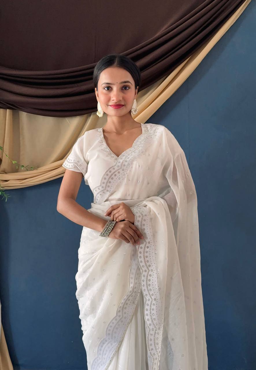 White Bollywood Style Crunchy Silk Saree