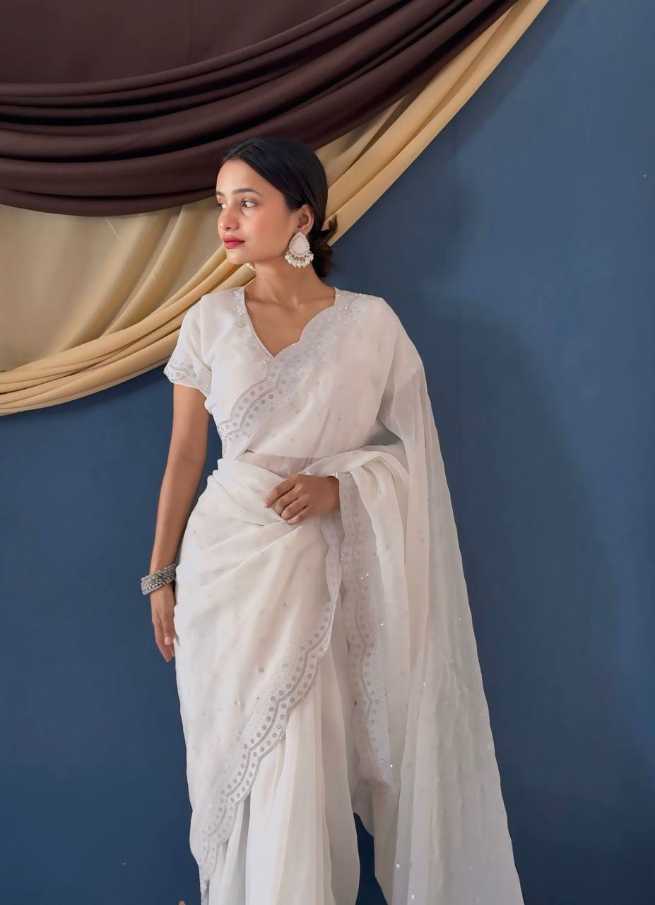 White Bollywood Style Crunchy Silk Saree