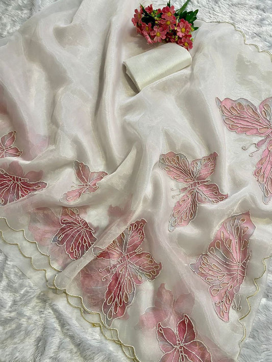 White Butterfly Printed Organza Saree