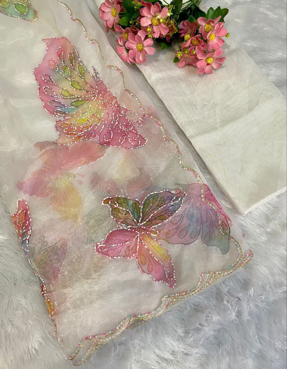 White Butterfly Printed Organza Saree