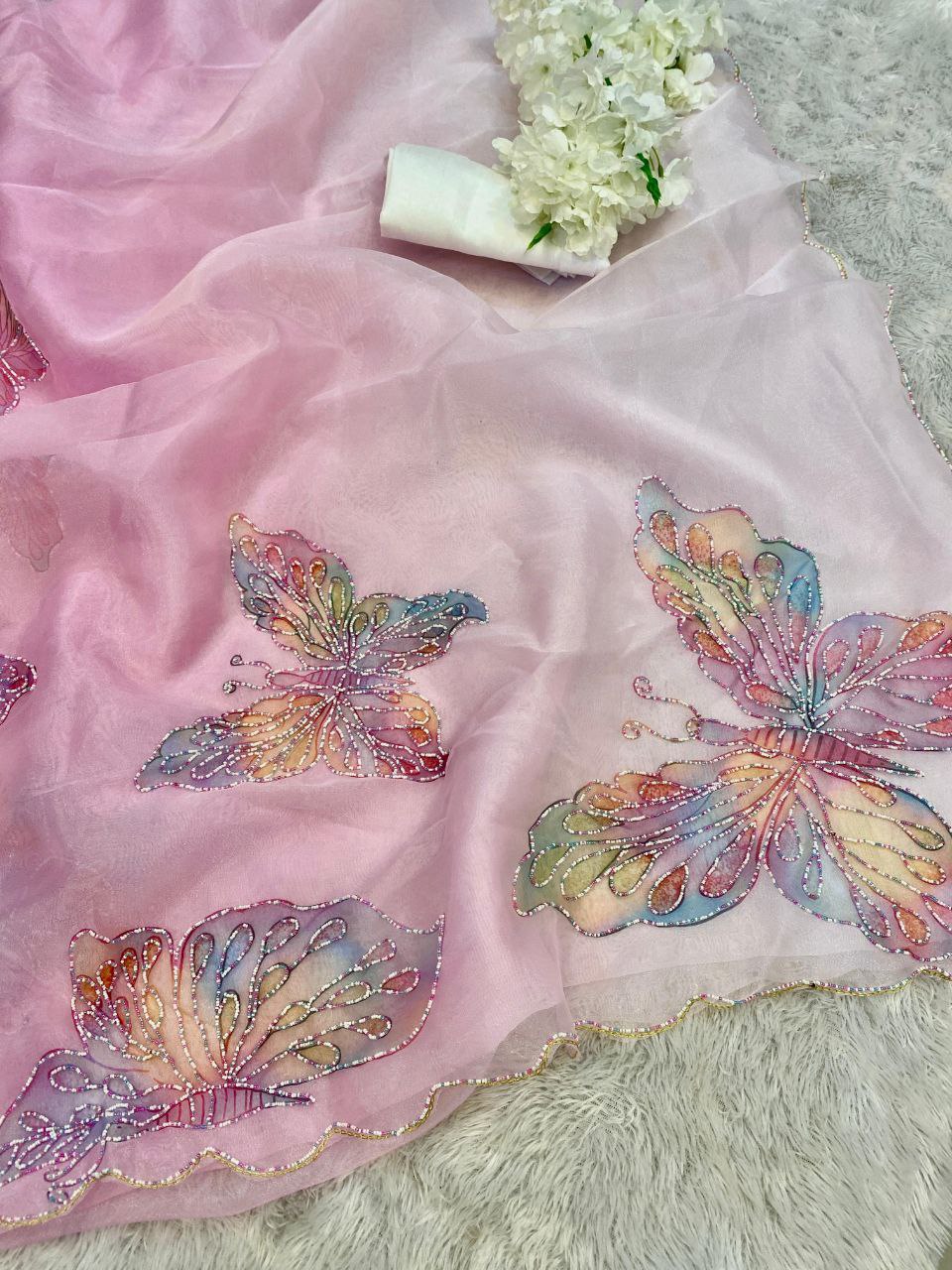 Pink Butterfly Printed Organza Saree