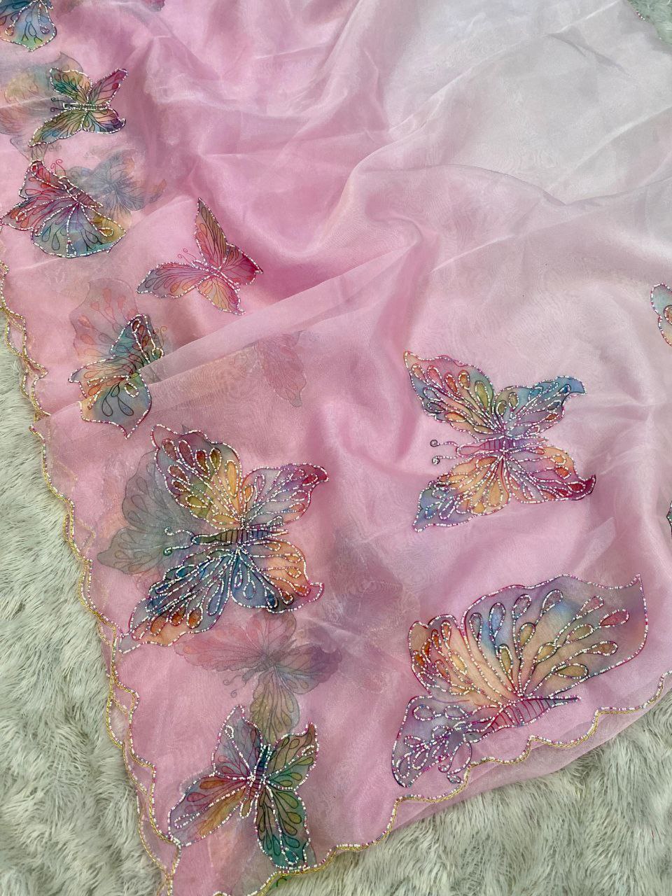 Pink Butterfly Printed Organza Saree