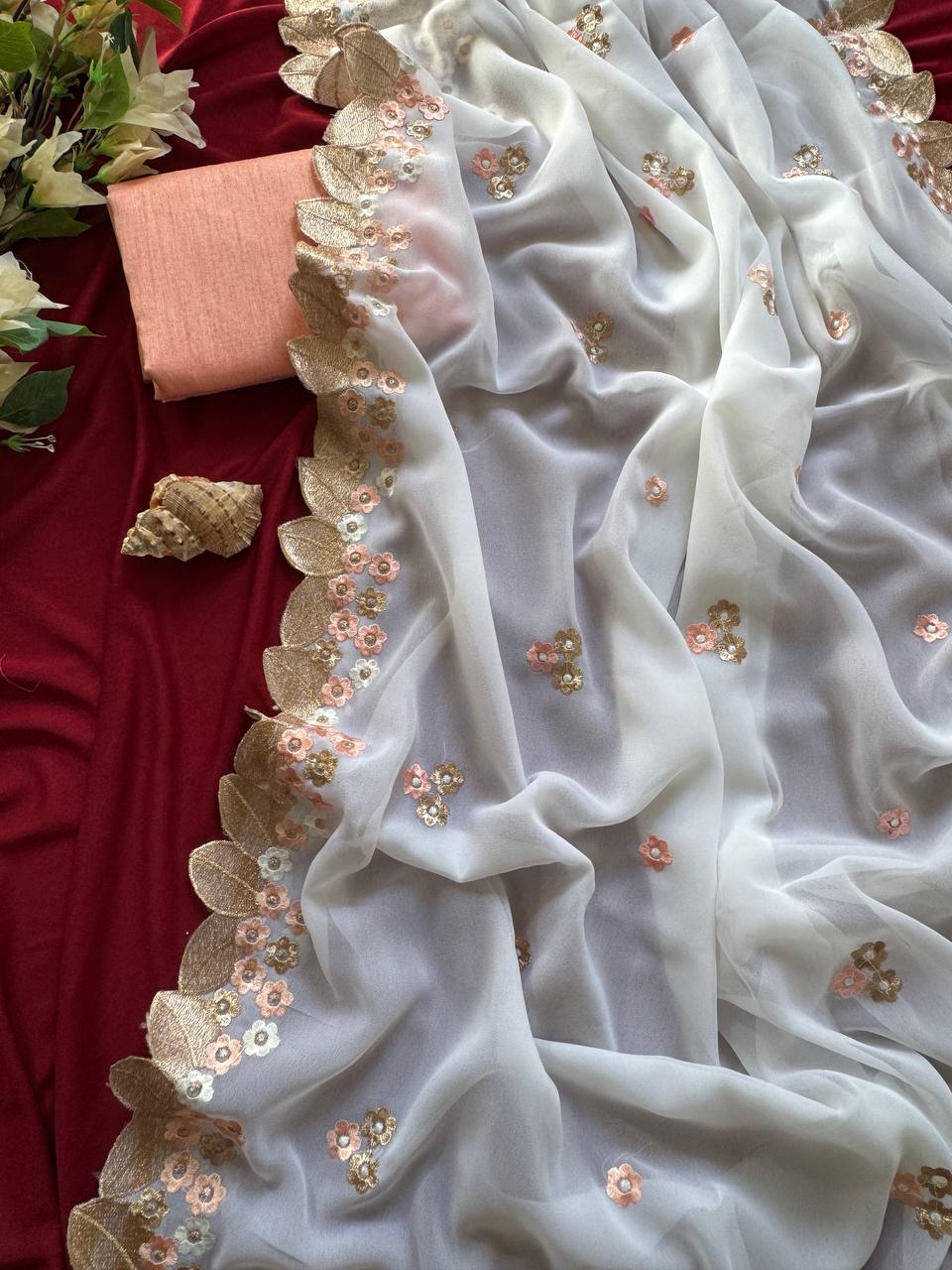 White Designer Chiffon Georgette Saree