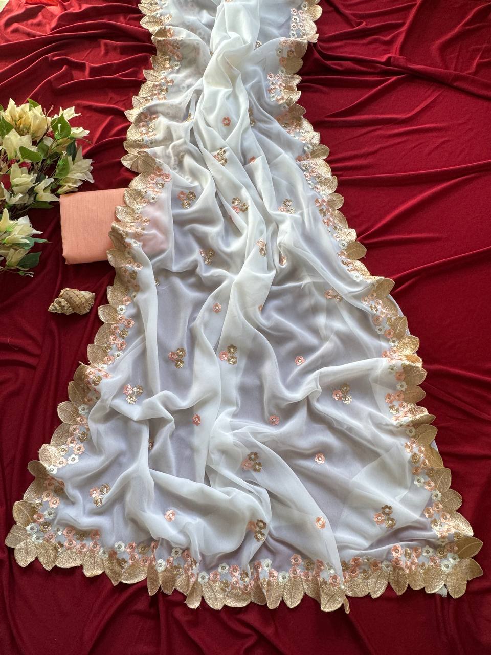 White Designer Chiffon Georgette Saree