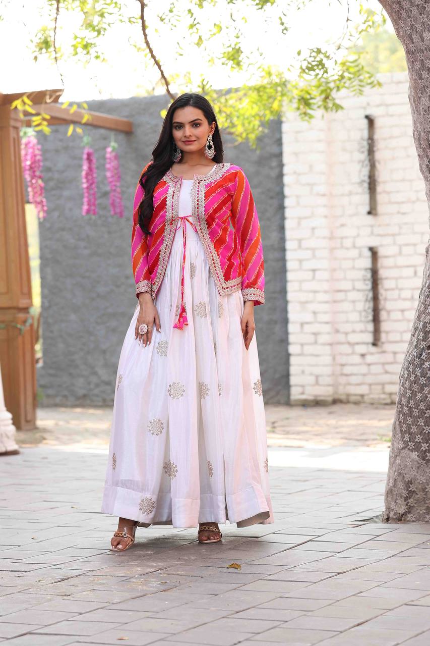 White Designer Chinon Gown Dress With Jacket