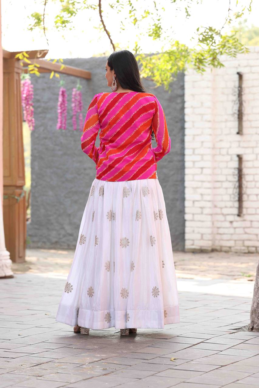 White Designer Chinon Gown Dress With Jacket