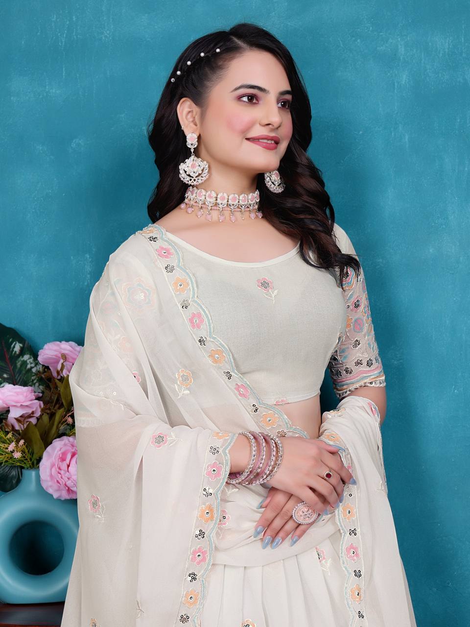 White Designer Georgette Lehenga