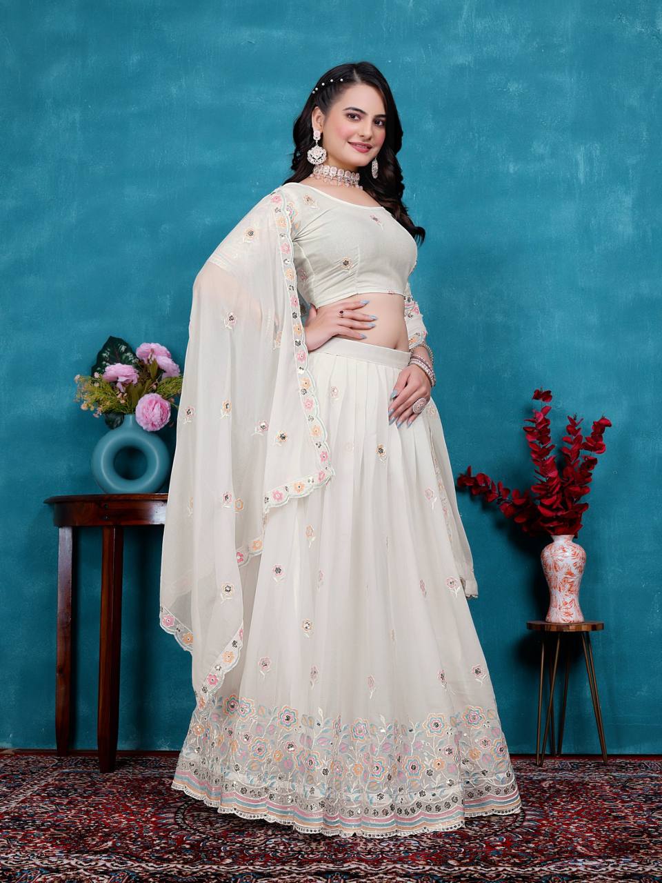 White Designer Georgette Lehenga
