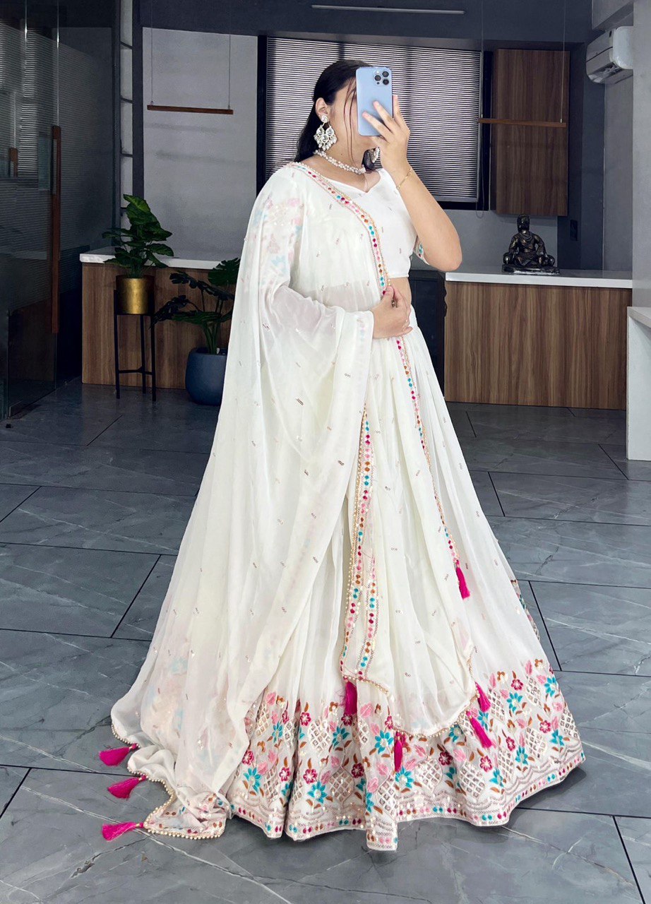 White Designer Georgette Lehenga Choli