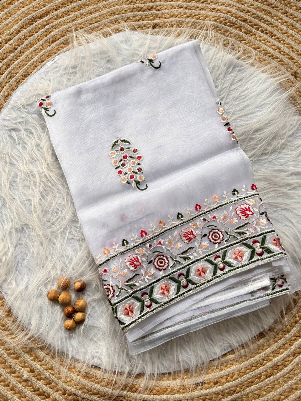 White Designer Organza Silk Saree