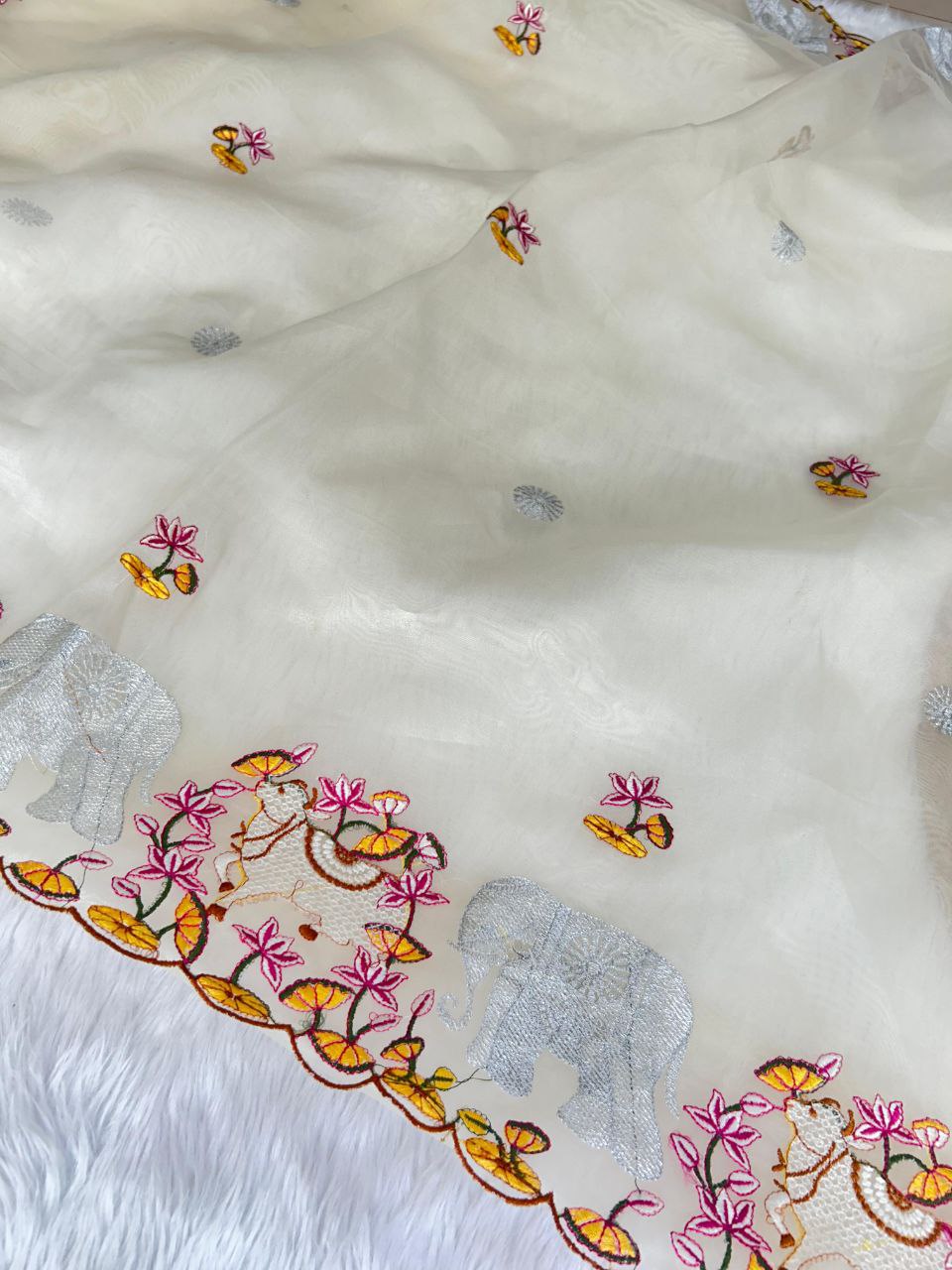 White Designer Organza Silk Saree