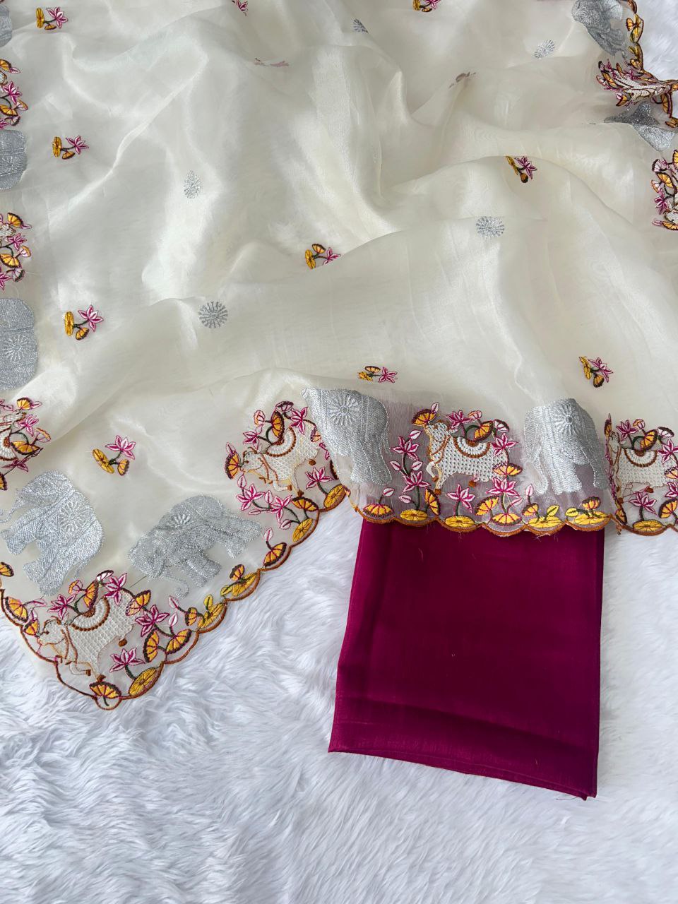White Designer Organza Silk Saree