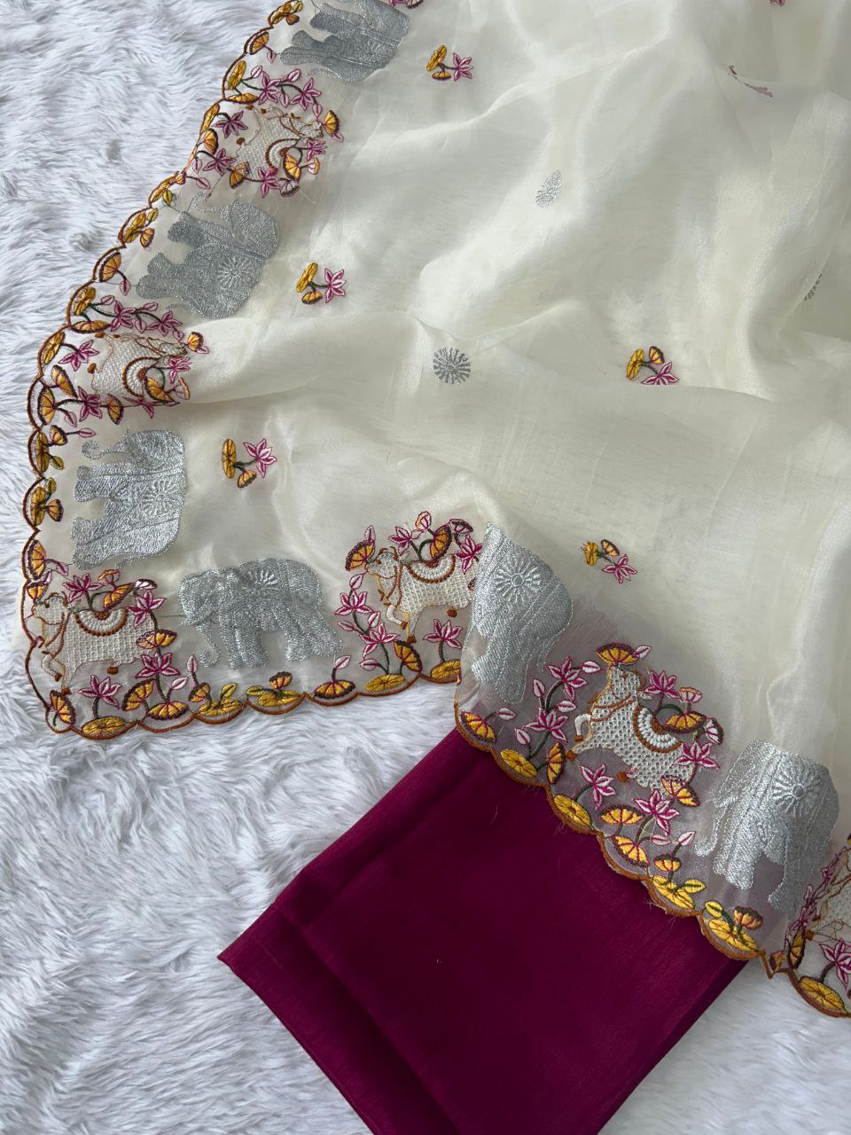 White Designer Organza Silk Saree