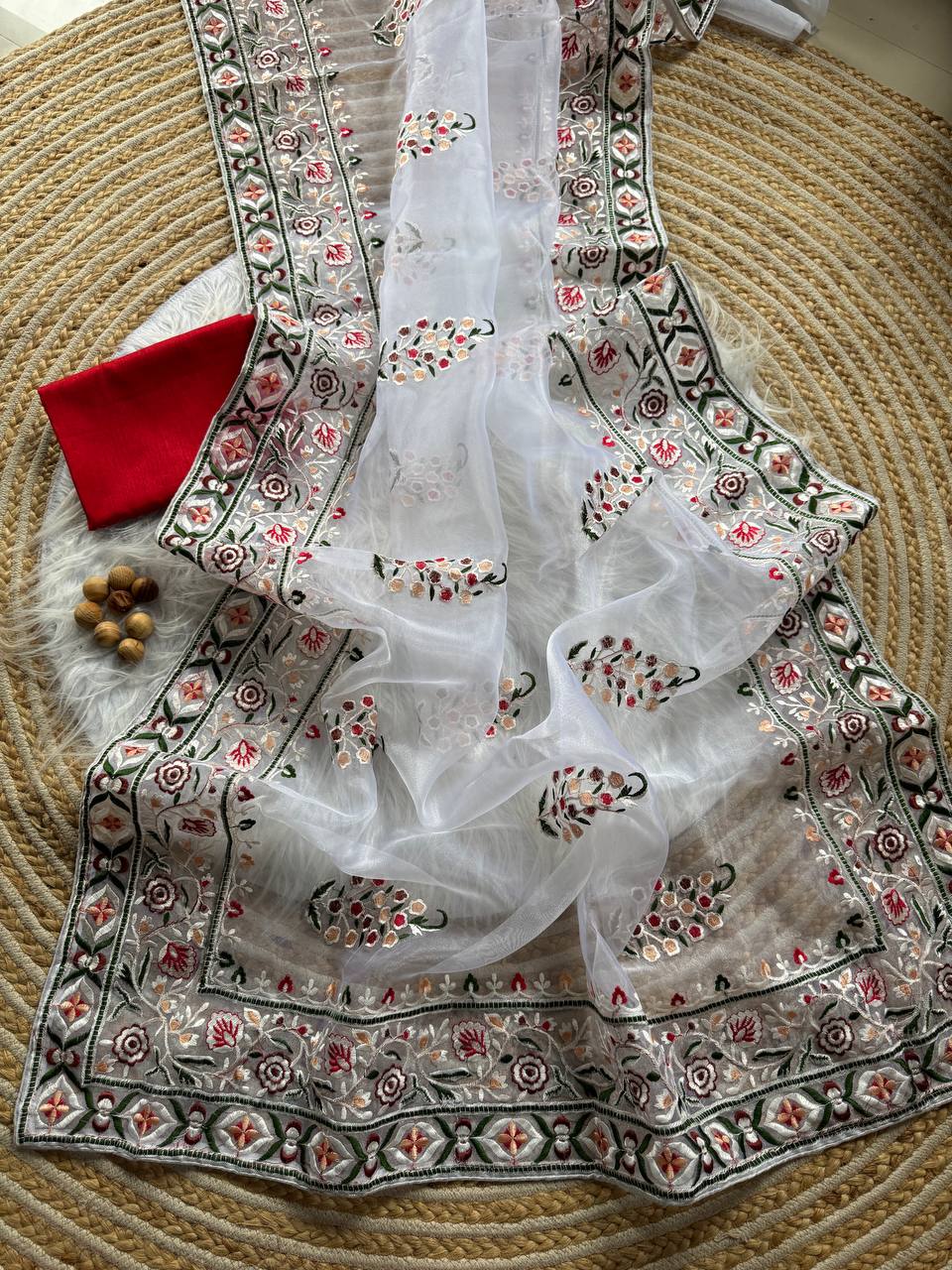 White Designer Organza Silk Saree