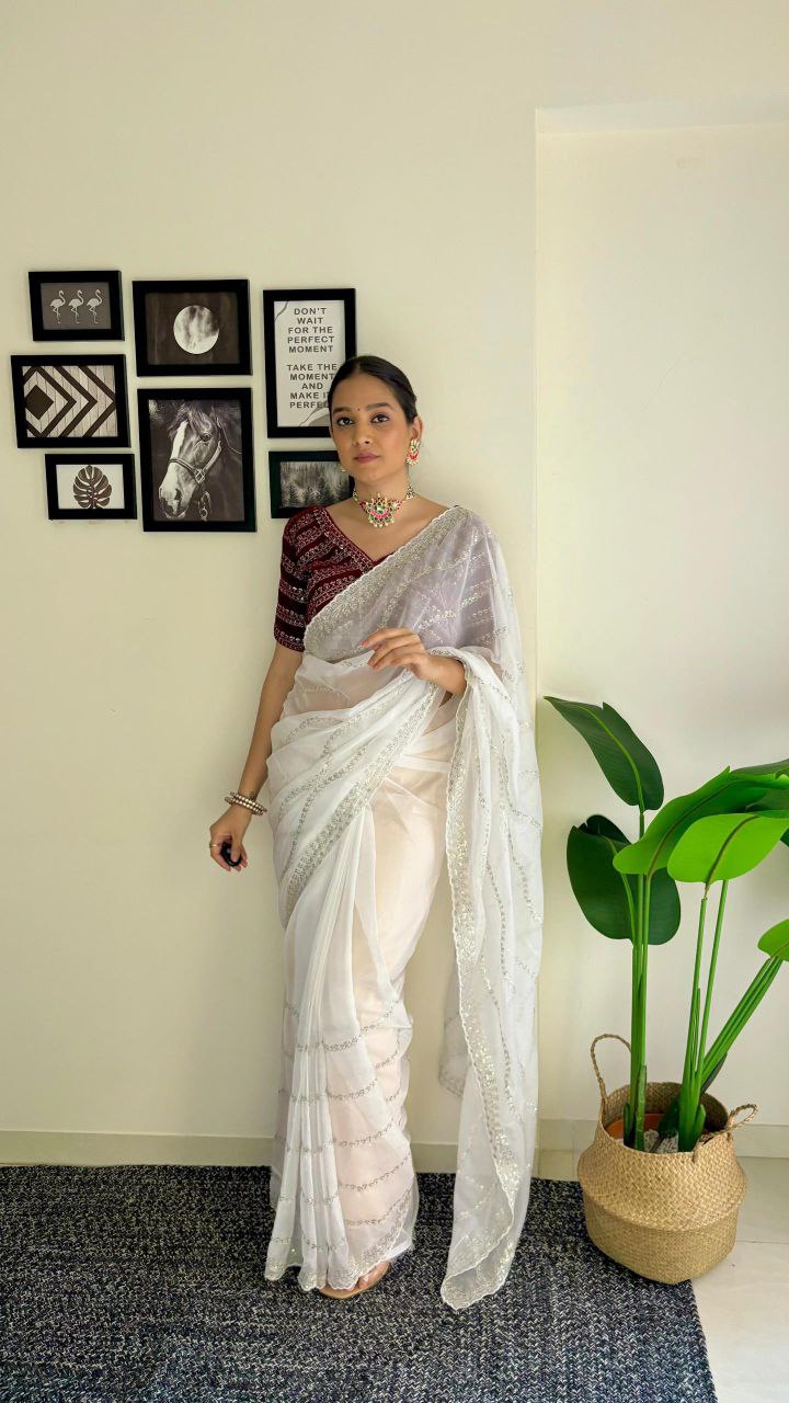 White Designer Organza Tabby Silk Saree