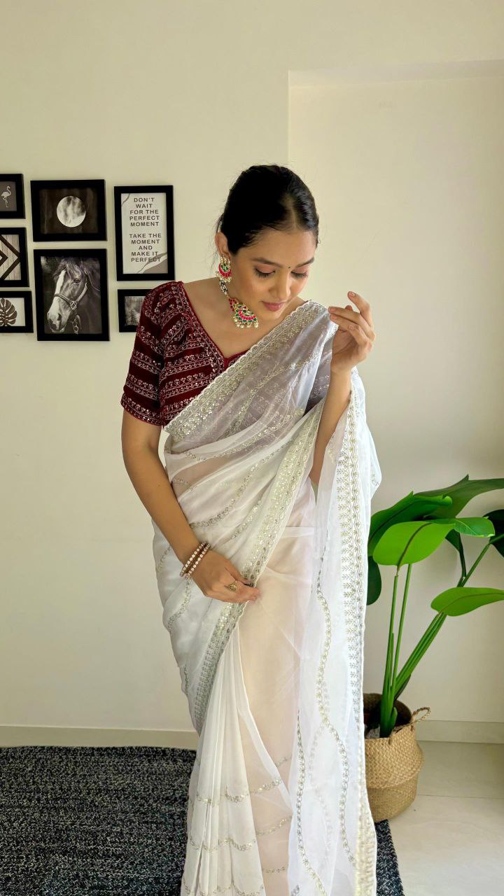 White Designer Organza Tabby Silk Saree