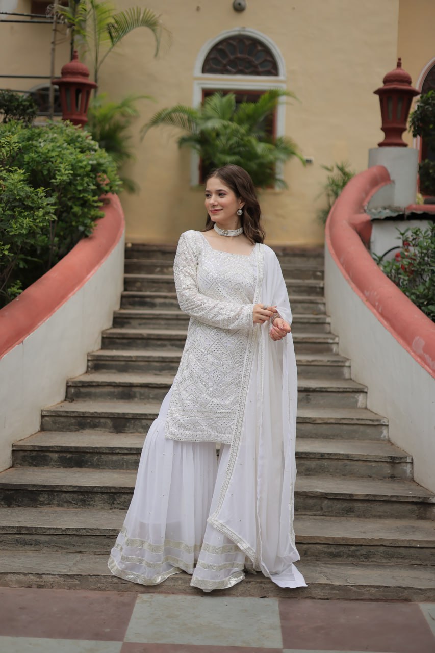 White Designer Readymade Top-sharara-dupatta