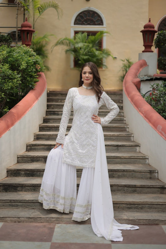 White Designer Readymade Top-sharara-dupatta