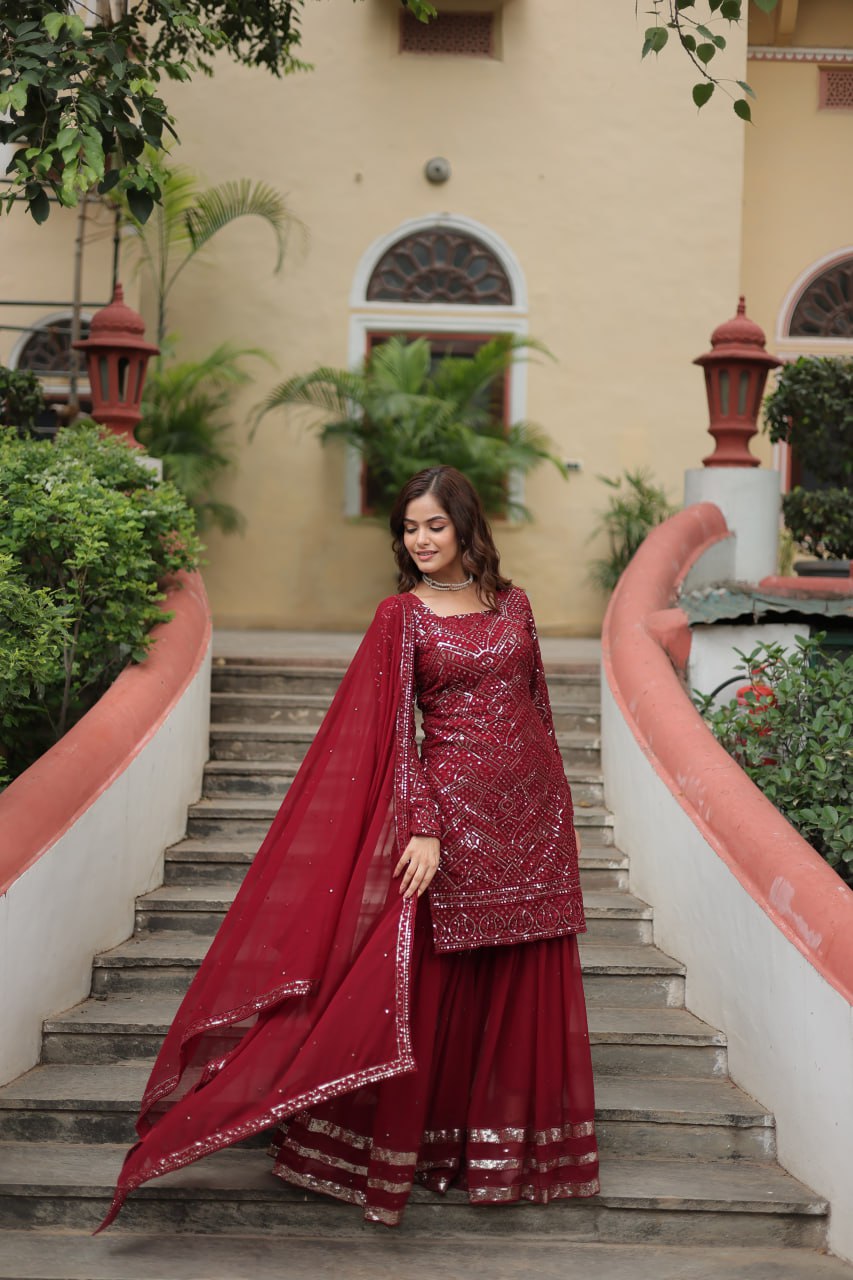 Maroon Designer Readymade Top-sharara-dupatta