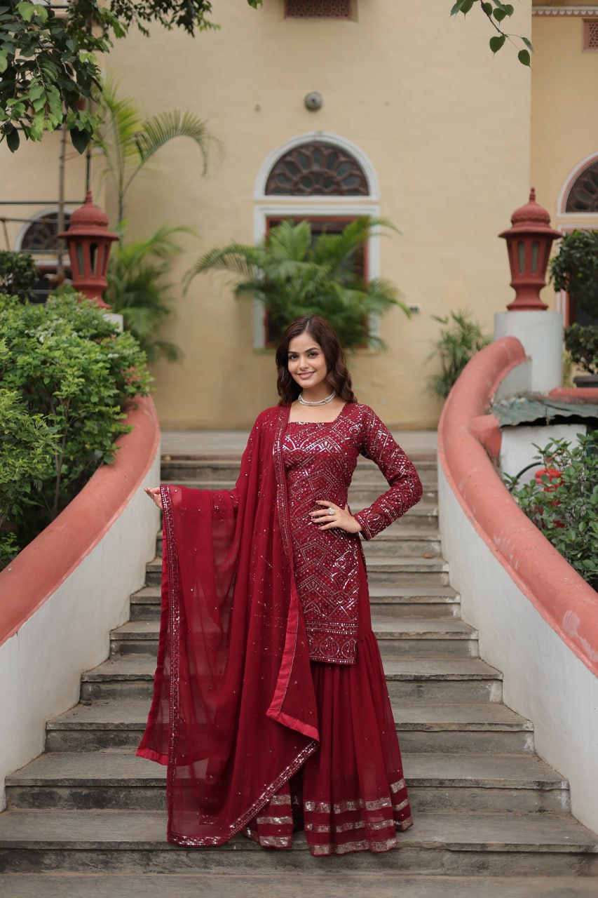 Maroon Designer Readymade Top-sharara-dupatta