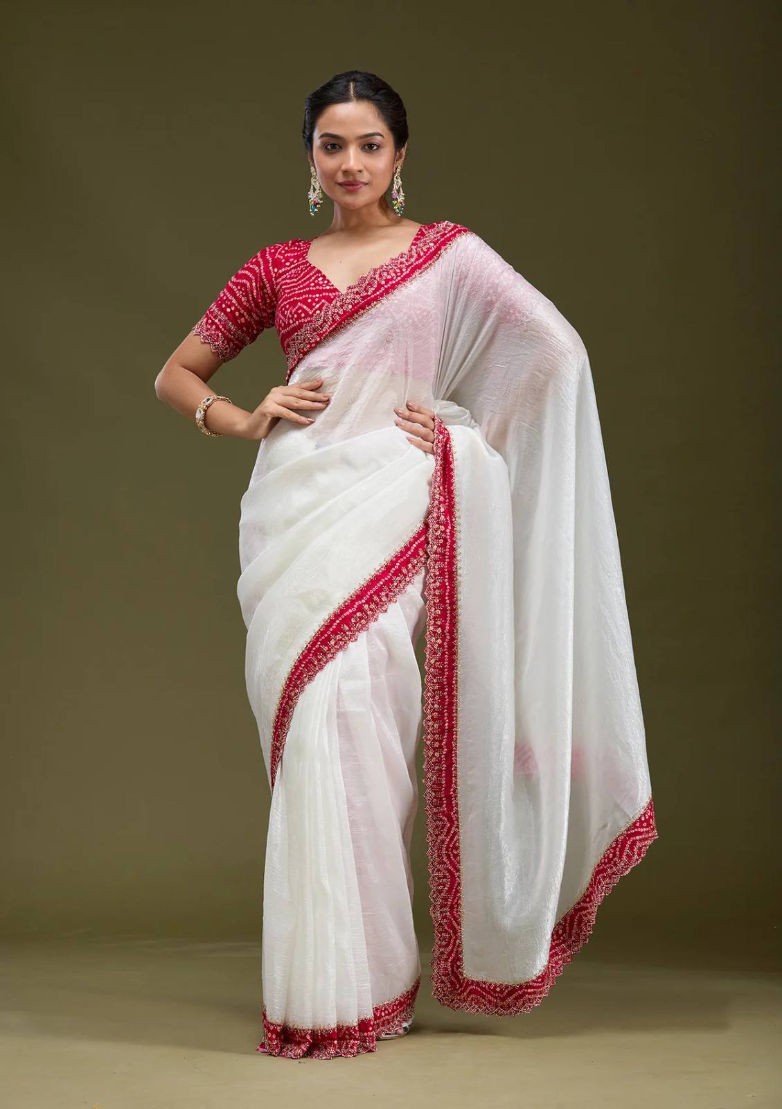 White Designer Tissue Gold Crush Saree