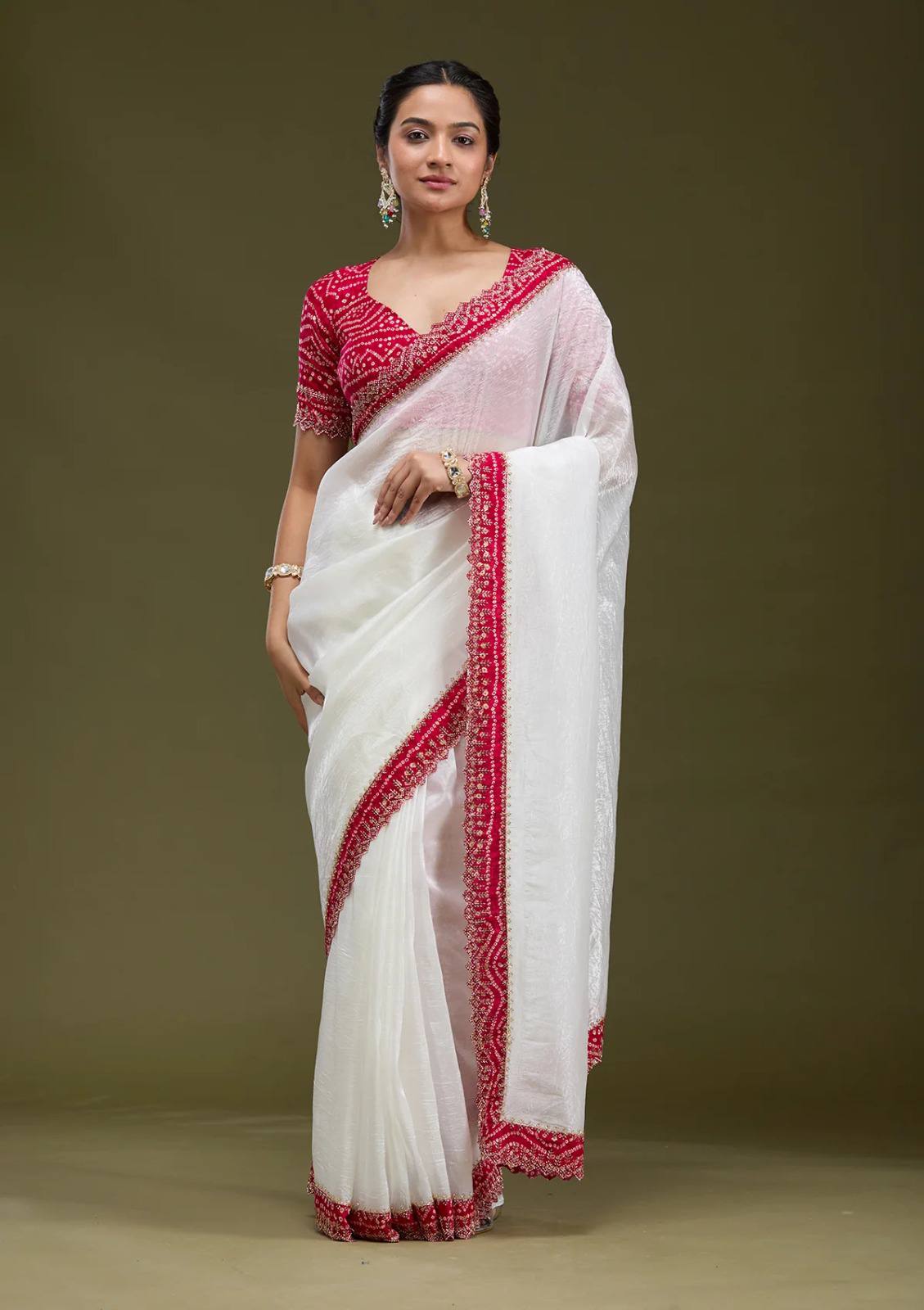 White Designer Tissue Gold Crush Saree