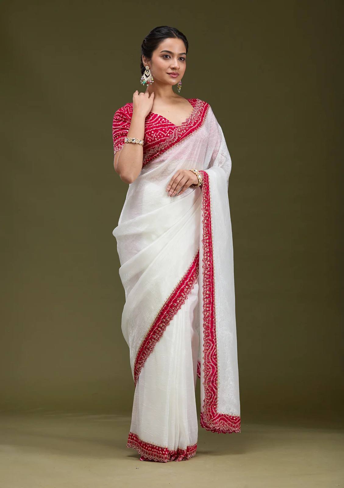 White Designer Tissue Gold Crush Saree