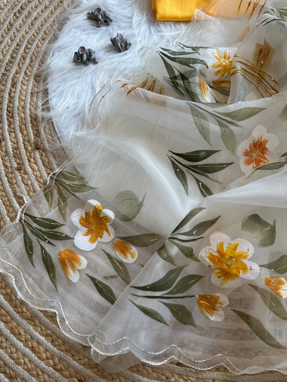 White Floral Handprinted Organza Silk Saree