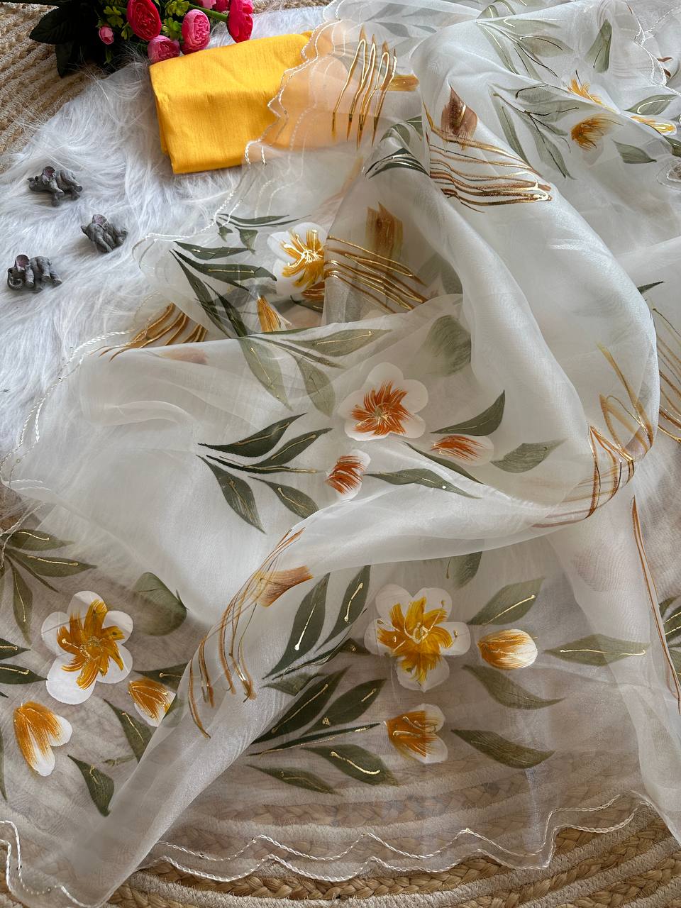 White Floral Handprinted Organza Silk Saree