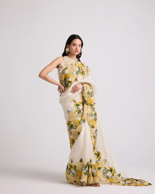 White Designer Organza Silk Saree | Replica Design