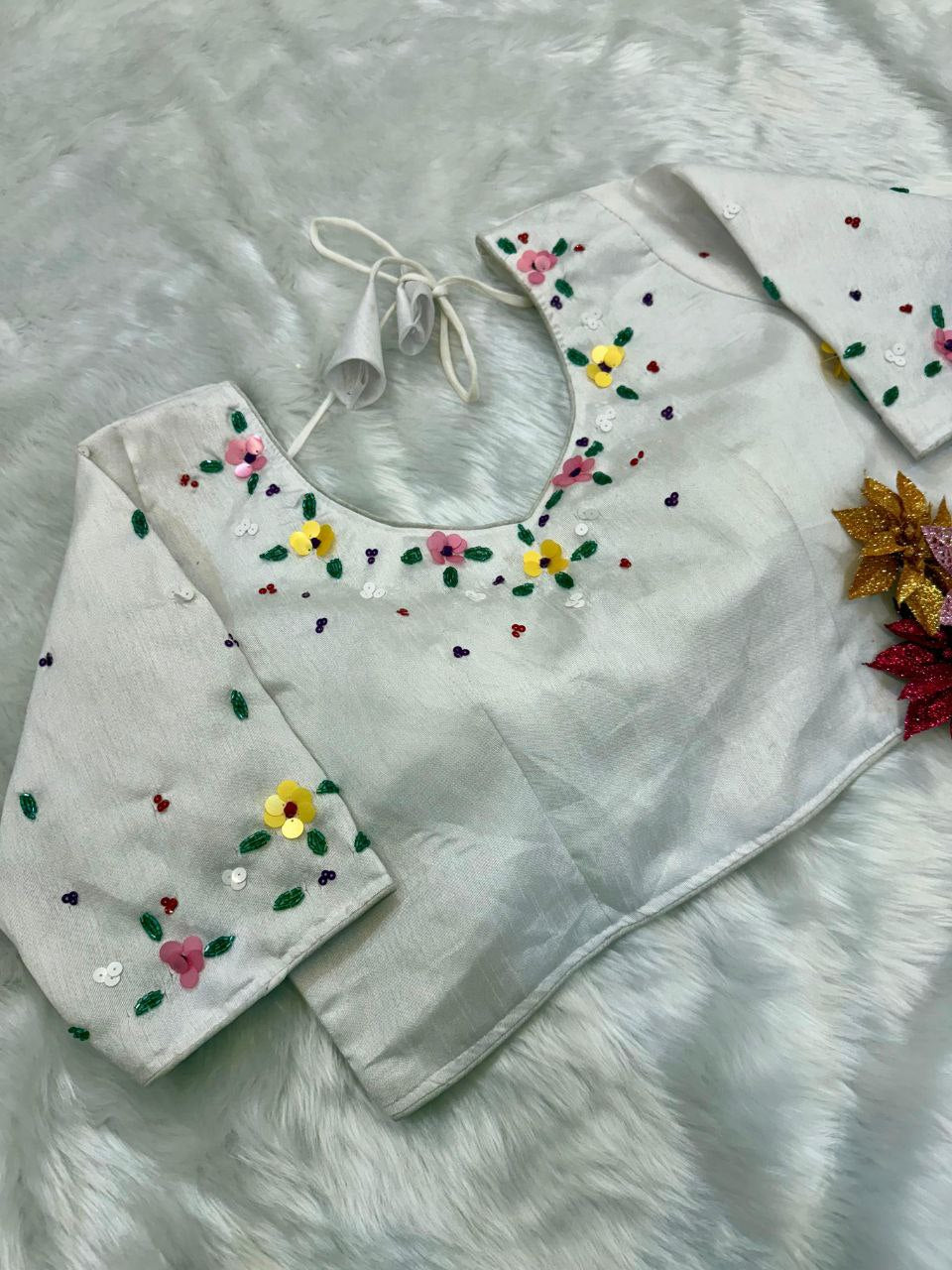 White Floral Tabby Silk Saree