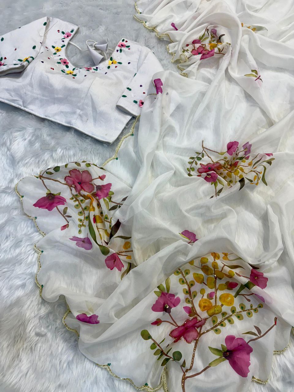 White Floral Tabby Silk Saree