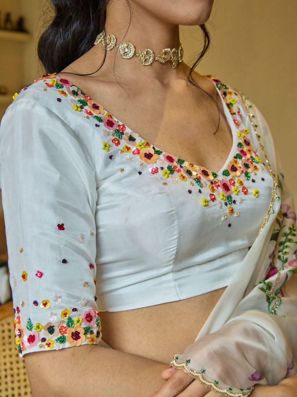 White Floral Tabby Silk Saree