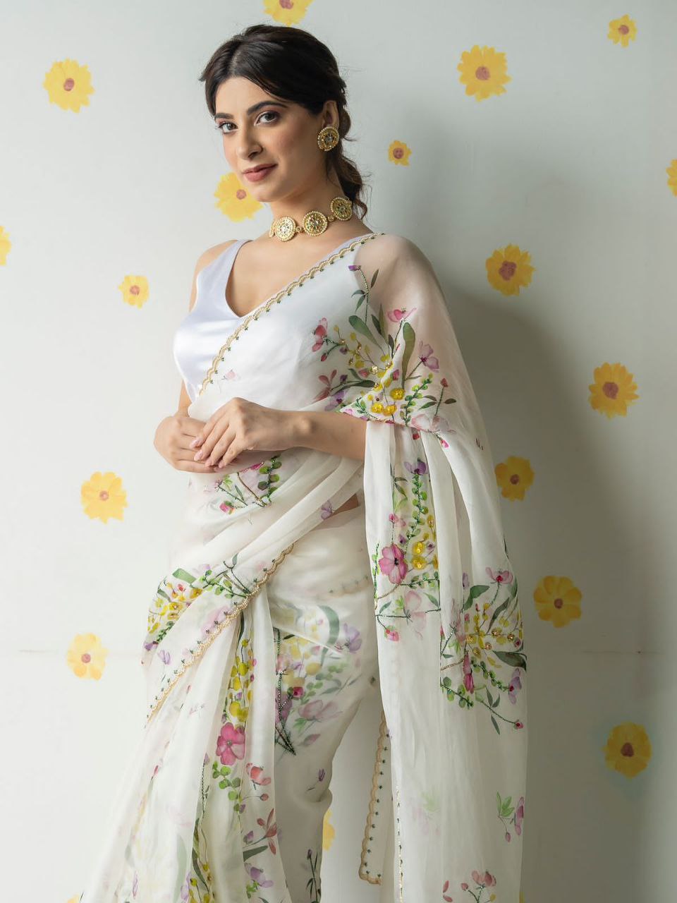 White Floral Tabby Silk Saree