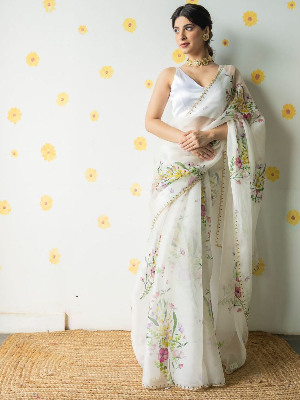 White Floral Tabby Silk Saree
