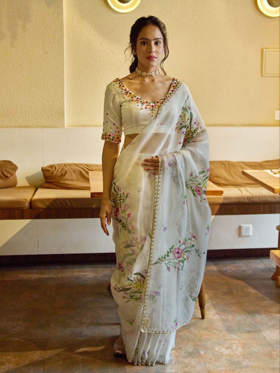 White Floral Tabby Silk Saree