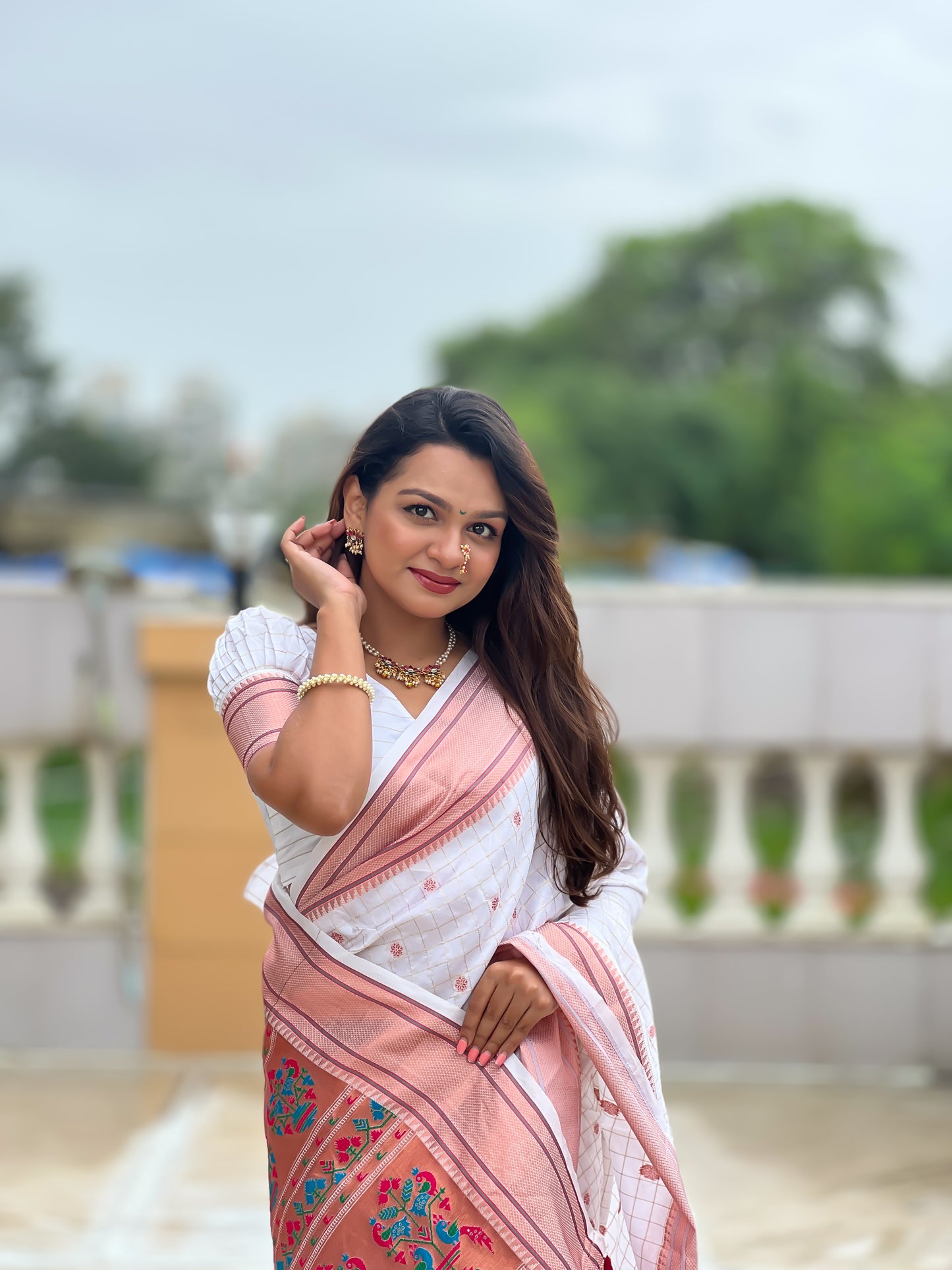 White Maharashtrian Paithani Silk Saree