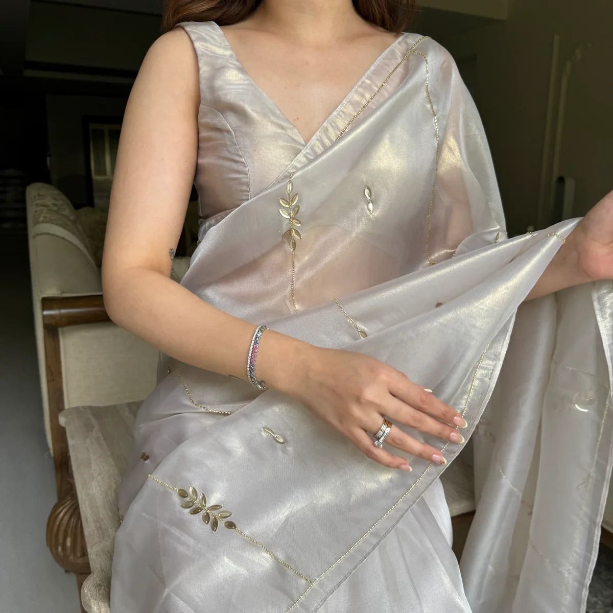 White Party Wear Satin Silk Saree