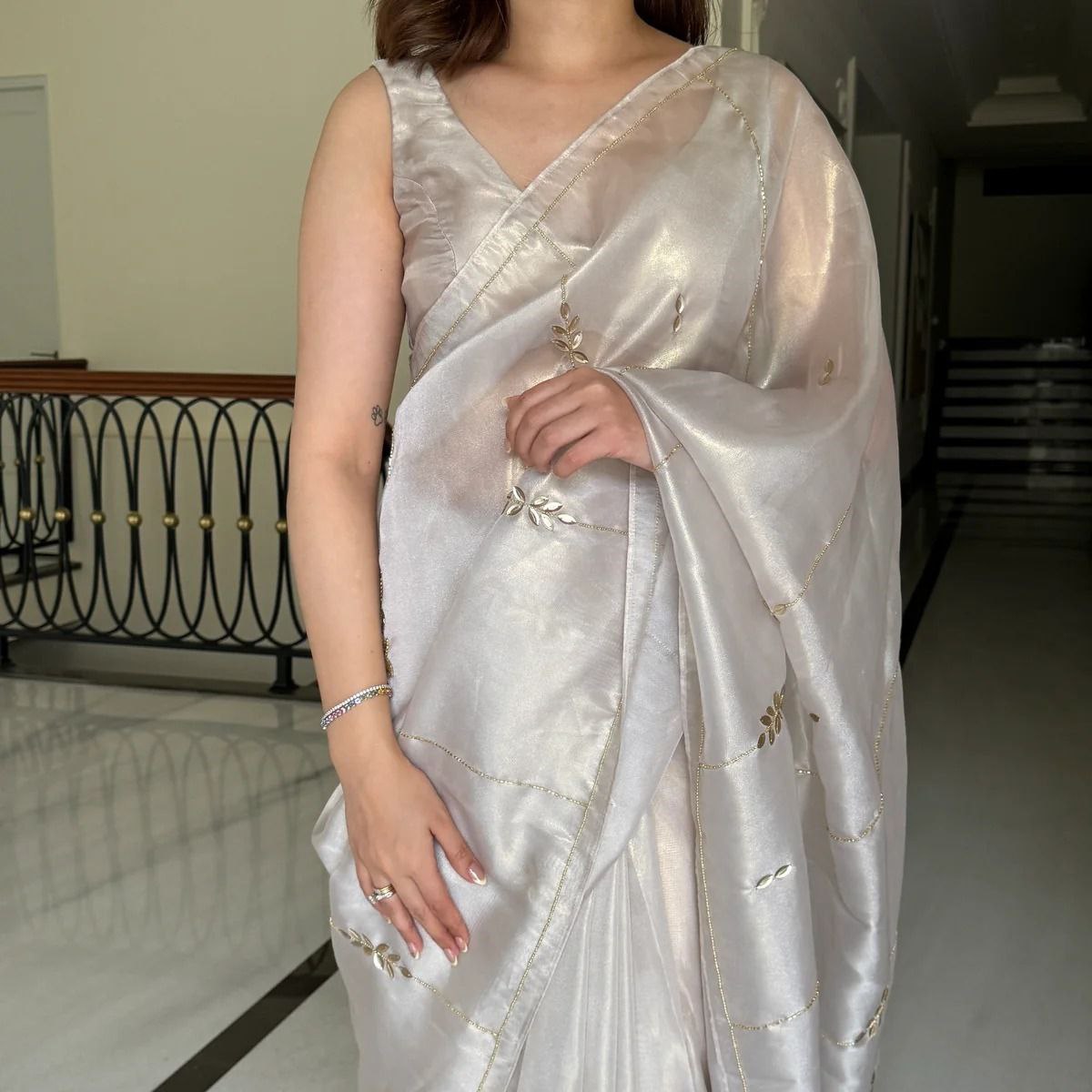 White Party Wear Satin Silk Saree