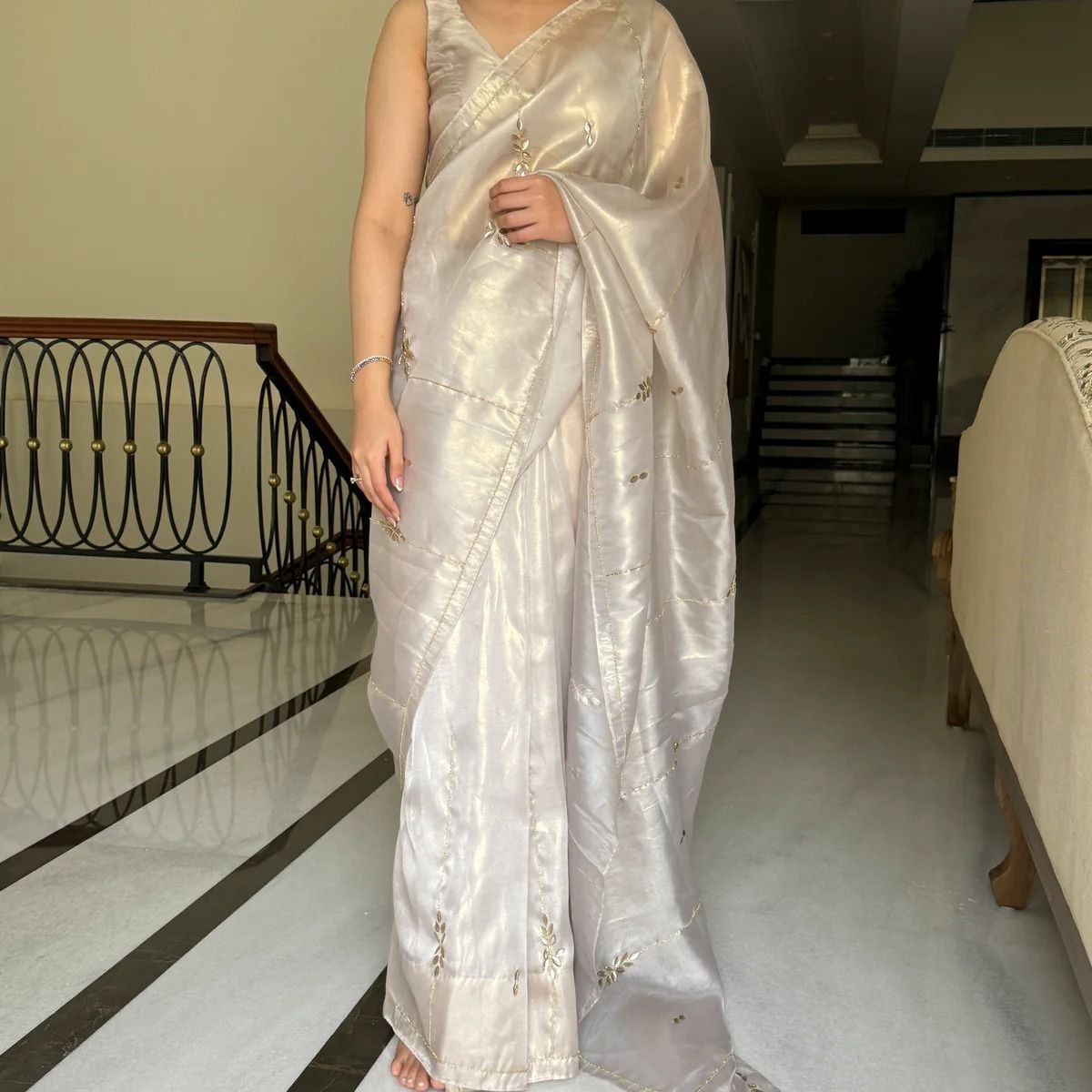 White Party Wear Satin Silk Saree