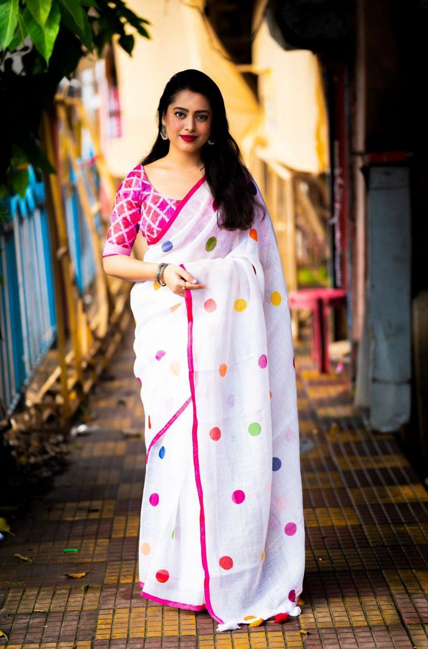 White Polka Dot Linen Saree